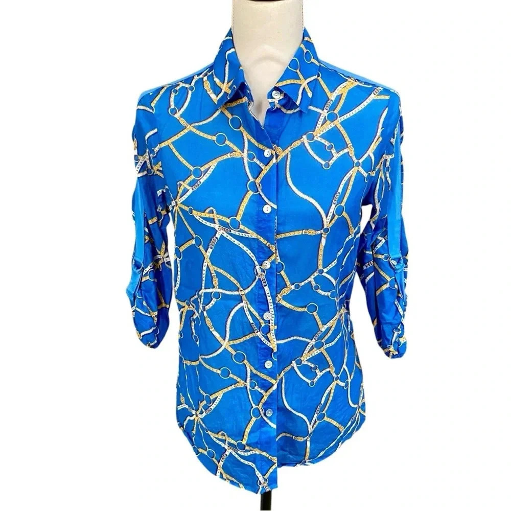 Anthropologie DREW Blue Harness Chain Print Cotton Button Down Shirt XS
